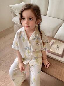 Dazy Kids Floral Print Loose Top + Straight Leg Pants Set For Young Girls Loungewear - White - View 1