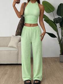 SHEIN EZwear 女士纹理短款褶皱吊带上衣和休闲裤套装 - 薄荷綠 - 查看 8