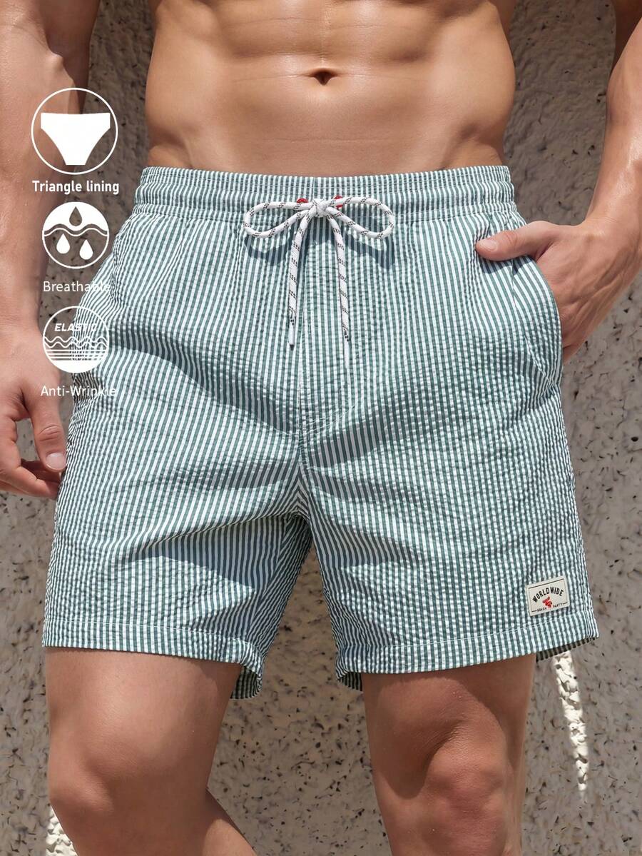 Manfinity Swimmode 男士大尺碼度假字母印花條紋抽繩腰海灘短褲 - 彩色 - 查看 1