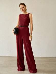 MOTF PREMIUM WOMEN'S AUTUMN LINEN BLEND STRUCTURED DESIGN LONG JUMPSUIT WITH BELT OFFICE DINNER BURGUNDY ELEGANT - Red - View 5
