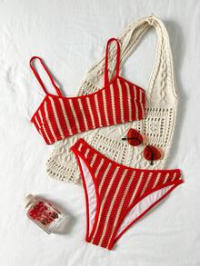 Swim Mod Women's 2 Pieces Swimsuit Set, Special Fabric Patchwork, Spaghetti Strap, Backless, Summer Holiday Vacation Beach Outfit Red Stripe Tropical - Multicolor - View 1