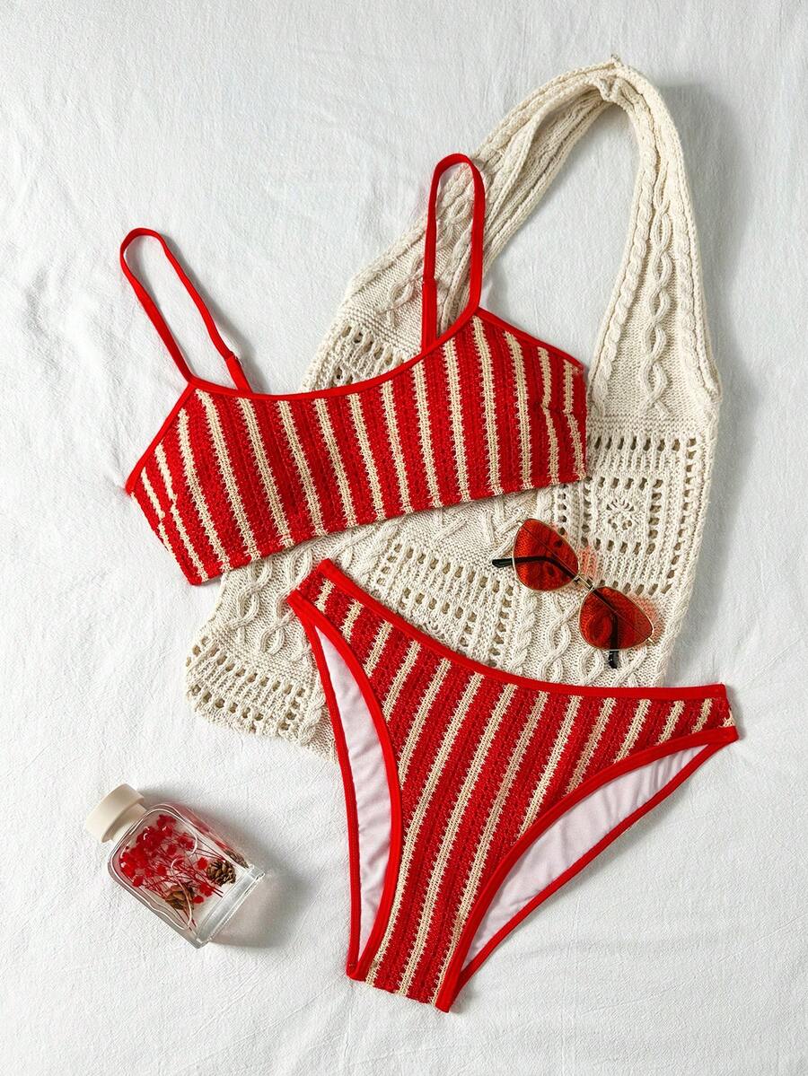 Swim Mod Women's 2 Pieces Swimsuit Set, Special Fabric Patchwork, Spaghetti Strap, Backless, Summer Holiday Vacation Beach Outfit Red Stripe Tropical - Multicolor - View 1