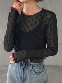 FRIFUL Women's Solid Color Round Neck Polka Dot Pattern Sheer Fashion Top - Black - View 4