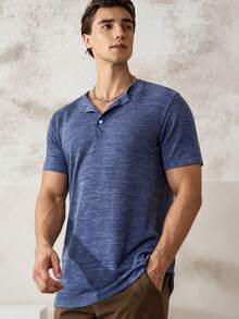 Manfinity Dauomo Men's Fashionable Versatile Button-Up Half Placket Short Sleeve T-Shirt - Blue - View 5