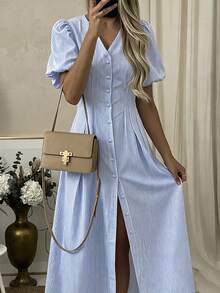 EMERY ROSE Women's Striped Short Puff Sleeve Single-Breasted Casual Dress - Blue and White - View 3