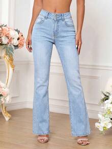 SHEIN PETITE 女款簡約日常拉鍊開襟喇叭牛仔褲 - 藍色 - 查看 3