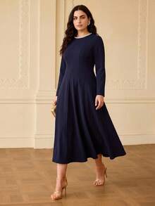 ZEYLAH Elegant Round Neck Pearl Decor Long Sleeve Fit & Flare Dress, Spring/Summer Fall - Navy Blue - View 1