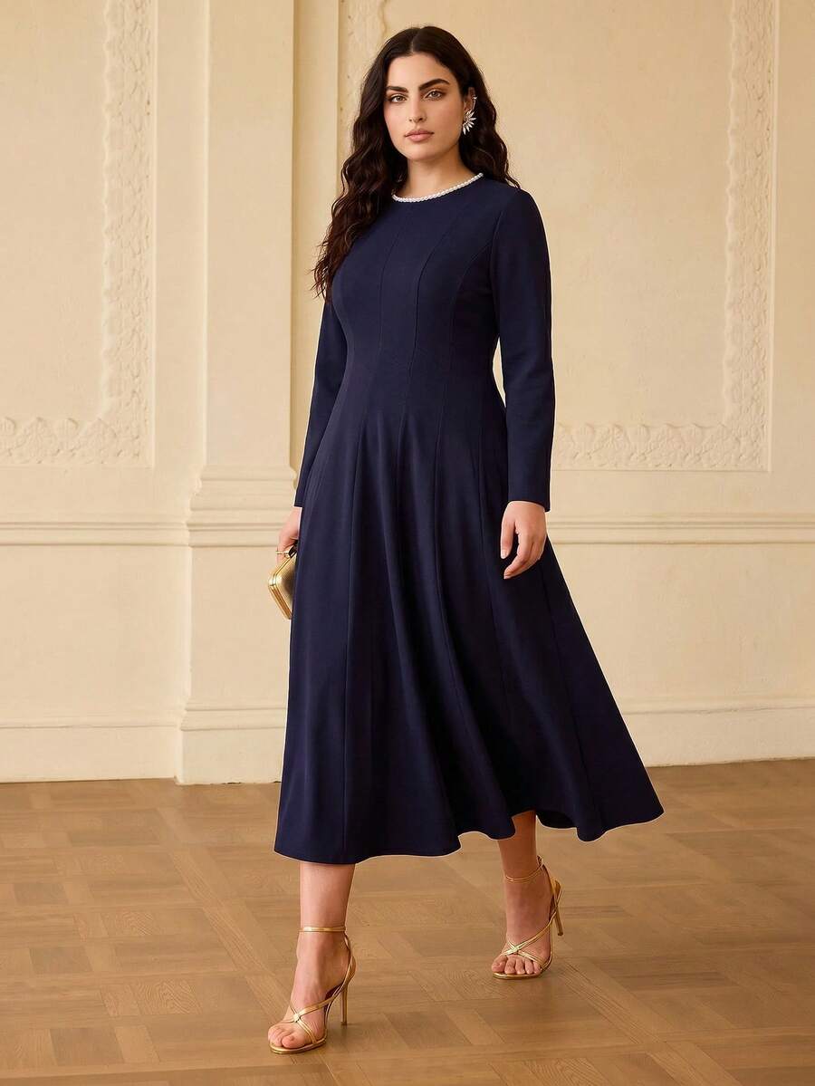ZEYLAH Elegant Round Neck Pearl Decor Long Sleeve Fit & Flare Dress, Spring/Summer Fall - Navy Blue - View 1