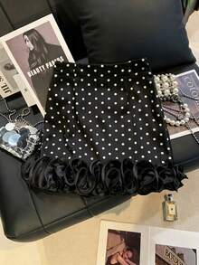 SHEIN Franclia Women's High-End Design 3D Ruffle Lace Black Polka Dot Skirt, Autumn New High-Waist A-Line Premium Party 70s - Black - View 1