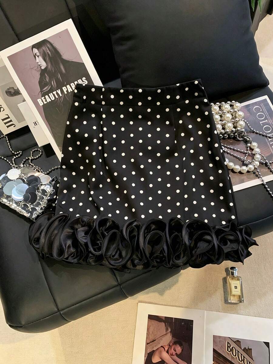 SHEIN Franclia Women's High-End Design 3D Ruffle Lace Black Polka Dot Skirt, Autumn New High-Waist A-Line Premium Party 70s - Black - View 1