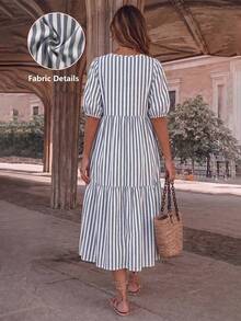 EMERY ROSE Đầm maxi nữ thời trang kẻ caro cổ tròn tay ngắn tay cánh hoa xếp nếp thanh lịch, thích hợp cho kỳ nghỉ hoặc đi biển. - Xám Xanh - Xem 2
