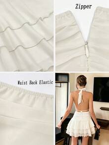 SHEIN PariChic Women's Elegant And Romantic Halter Neck, Fitted Waist, Pleated Ruffle Set In Apricot And White, Short Set, New Spring/Summer Set, Valentine's Day Date Set, Vacation Casual Set, Sheer Chiffon Romantic Set, Sleeveless Spring/Summer Multi-Layered Ruffle Short Set Women Clothes Set Halter Neck Set Mini Set White 2-Set,Birthday Set, Wedding Guest Set - Apricot - View 5