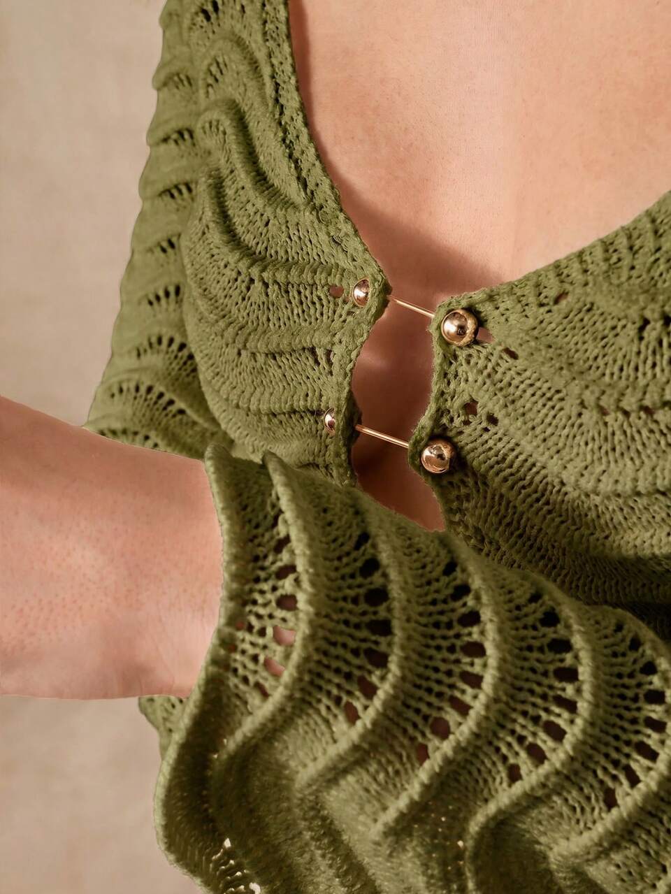 Anewsta Solid Color Sexy Boho Knit Hollow Out Wave Flare Sleeve Beach Vacation Dress Olive Green Summer