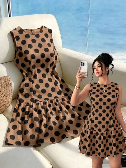 Elenzga Vestido de mujer talla grande de verano elegante para ir al trabajo con estampado de lunares, cuello redondo, corte A y sin mangas