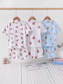 [Random 3 Sets, 1 Set Sent] Young Boy Casual Simple Cute Bear Print Short Sleeve Cardigan And Shorts Loungewear Set, Loose And Comfortable, Suitable For Spring And Summer, Great For Home Or Outings, Sweet And Cozy - Multicolor - View 2