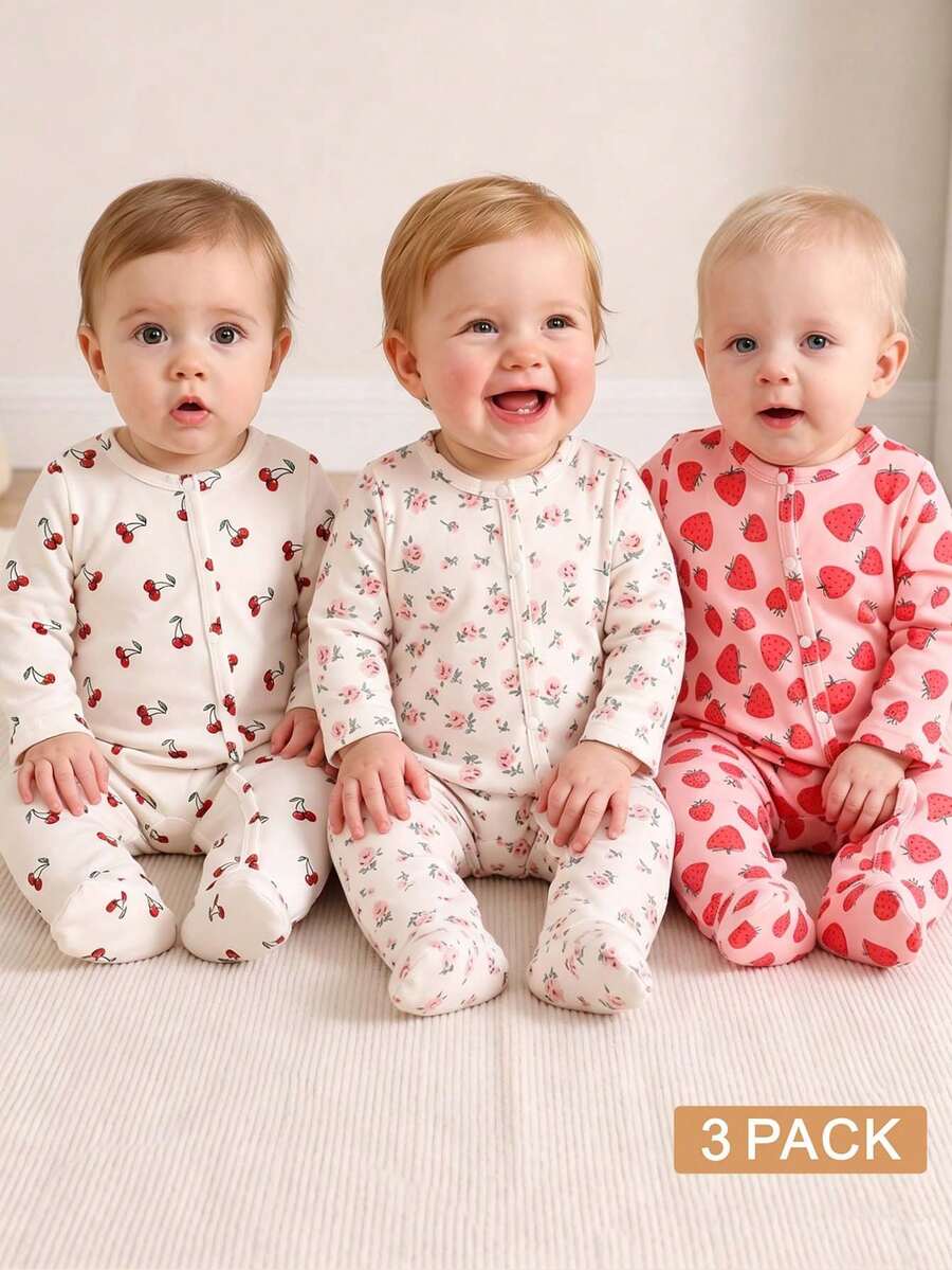 SHEIN 新生兒 3件組 全身印花、草莓、櫻桃圖案長袖按扣舒適連身衣 - 粉色 - 查看 1