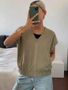 DAZY 女款翻領無袖短版街頭休閒背心薄外套 夏季 - 卡其色 - 查看 3