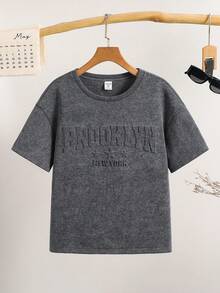 Kids Tween Boy Casual Simple Snowflake Knit Grey Short Sleeve 3D Embossed Letter Y2K Pattern Pullover Crew Neck T-Shirt, Suitable For Back To School, Outings, Gatherings, Vacations, Spring And Summer - Grey - View 5
