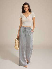 SHEIN Tall 女款黑白條紋寬腿口袋長褲，夏季波西米亞度假休閒寬鬆褲，大尺碼春夏海灘郵輪風，適合高個女性 - 黑與白 - 查看 8