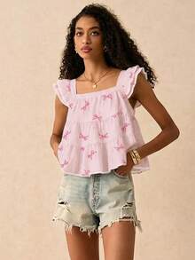 SHEIN Frenchy Women's Square Neck Cap Sleeve Ruffle Trim Summer Striped Butterfly Print Blouse - Multicolor - View 5