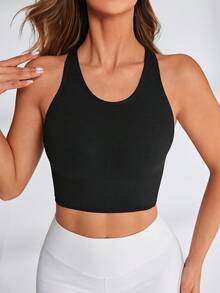 SHEIN Sports 女士纯色运动健身背心健身房上衣修身衬衫 - 黑色 - 查看 5