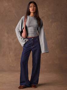 SHEIN BAE 女款純色圓領蝙蝠袖修身上衣 - 灰色 - 查看 3