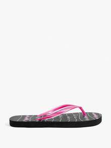 Grefit Ladies Flip-Flops, Summer Printing Contrasting Flip-Flops, Round Toe Flat Bottom, Casual Vacation Style, Sandals On The Beach - Black and pink contrasting colors - View 4