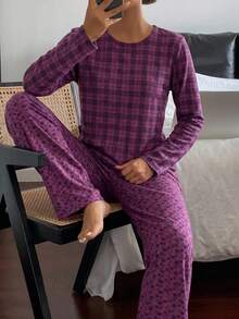 Dambomull 2 st. rutig mönster långärmad skjorta och blommönster sömnbyxor hemkläder komfort pyjamas set för damer - Blåröd - Visa 6