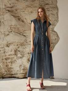 MOTF PREMIUM SPRING/SUMMER WOMEN'S CASUAL COMMUTER FRONT BUTTON DENIM DRESS - Medium Wash - View 4