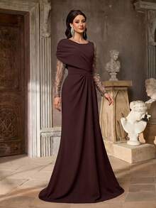 Aureia Elegant Luxurious Beaded Sequin Bubble Bead Embroidery Sheer Sleeve Patchwork Elastic Knit Ruched Mermaid Ruffle Dress - Rust Brown - View 4