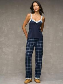 SHEIN Casual Underwear&Sleepwear 女士撞色蕾丝拼布吊带背心和格子印花长睡裤套装 - 藏蓝色 - 查看 6