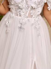 Glamrae Luxury Plus Size Elegant Gorgeous White Sequin Embroidered 3D Floral Off-Shoulder Hanging Sleeve Applique Ruched A-Line Patchwork Triangle Mesh For - White - View 9
