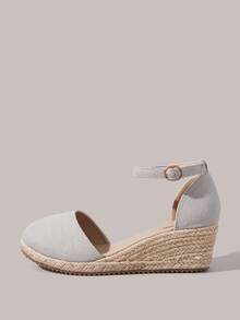 Styleloop 女士坡跟厚底鞋 春夏新款 增高显瘦 包头低帮设计 圆头 5.5cm坡跟 舒适高跟 亚麻材质 纯色 女士鞋 日常通勤 购物 约会必备 - 灰色 - 查看 3