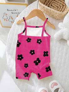 [Random 5pcs, Send 1pc]Vintage Sweet Rose Red Mini Floral Print Pattern Baby Girl Casual Camisole Romper Shorts Suitable For Spring And Summer - Multicolor - View 2