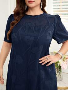 Reflora Plus Size Women's Jacquard Round Neck Short Puff Sleeve Elegant Dress - Navy Blue - View 7