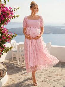 Loomaby Vestido elegante de maternidad con cuello cuadrado, decoración de flor 3D y manga corta - Rosa - Ver 6