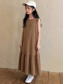 DAZY 青少年女孩波點印花圓領荷葉邊下擺無袖洋裝 夏季 - 棕色 - 查看 5