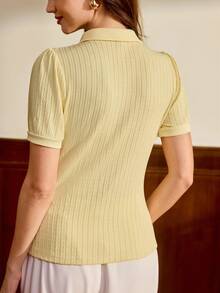 Vintamour Camiseta polo elegante vintage para mujer, de punto jacquard con textura, estampado floral pequeño, bordada, con botones, casual para ir al trabajo, vacaciones y días festivos - amarillo ganso - Ver 6