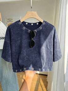 Comfortcana Summer Pure Cotton Snow Wash Plus Size Short Sleeve T-Shirt Vacation Navy Blue Military Cowboy - Navy Blue - View 1