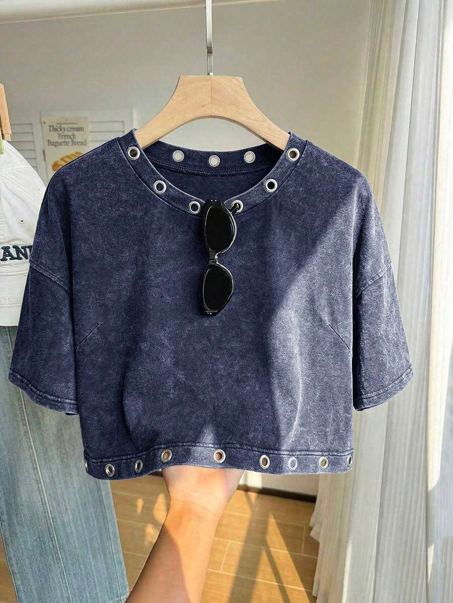 Comfortcana Summer Pure Cotton Snow Wash Plus Size Short Sleeve T-Shirt Vacation Navy Blue Military Cowboy - Navy Blue - View 1