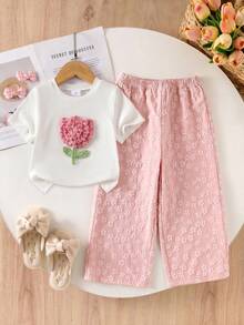 Genkimix Kids 2pcs/Set Young Girls Textured Tee With 3D Floral Decor Casual Long Pants, Suitable For And Outings Summer Sets Girl's(Small)T-Shirt Set Birthday - Pink - View 7