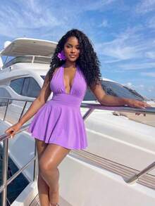 Mistrie Black Tight-Fitting Romper With Deep V-Neck, Backless Strap, Holiday Summer - Purple - View 6