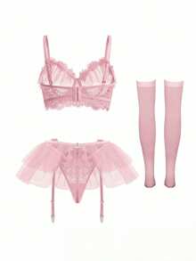 SHEIN 花卉蕾絲鋼圈吊帶襪內衣套裝帶1雙長襪 - 粉色 - 查看 2