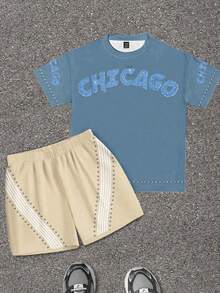 SHEIN Conjunto de camiseta de cuello redondo con strass simple y pantalones cortos casuales a rayas para bebé niño, adecuado para el verano - Multicolor - Ver 2
