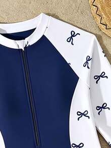 SHEIN 青少年女孩黑白蝴蝶結休閒保守經典印花套裝，適用於海灘、海邊、泳池、游泳池、夏季假期、派對、休閒度假 - 藏蓝色 - 查看 3