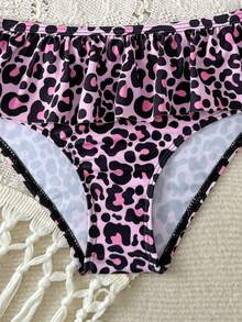 Young Girls Bikini Sets Leopard Print Multicolor Pattern Cute Ruffle Asymmetrical Shoulder Adjustable Strap Ruffle Trim Triangle Bikini Two Pieces Swimsuit Set - Pink - View 3