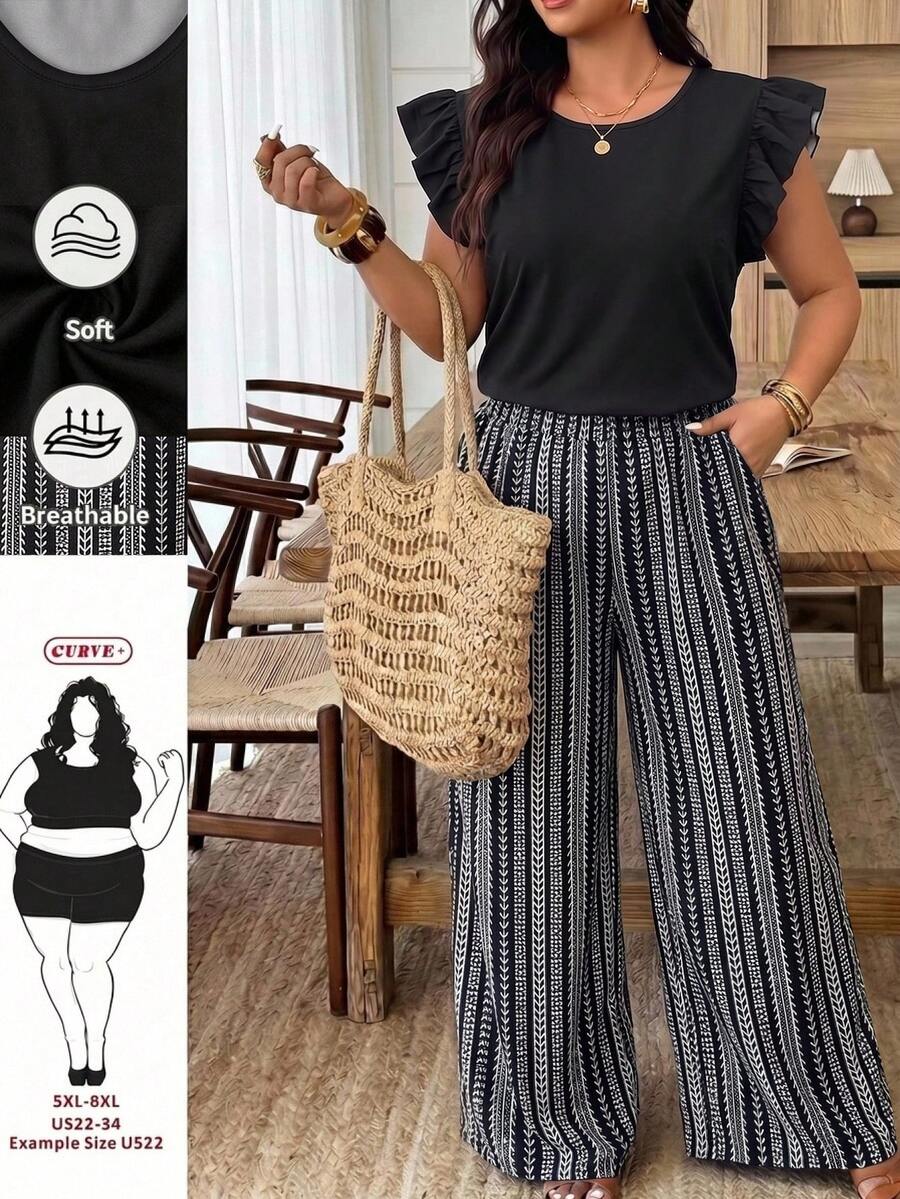SHEIN CURVE+ Plus Size Women's Solid V-Neck Ruffle Sleeve Top And Striped Pants Casual 2-Piece Set - White - View 1