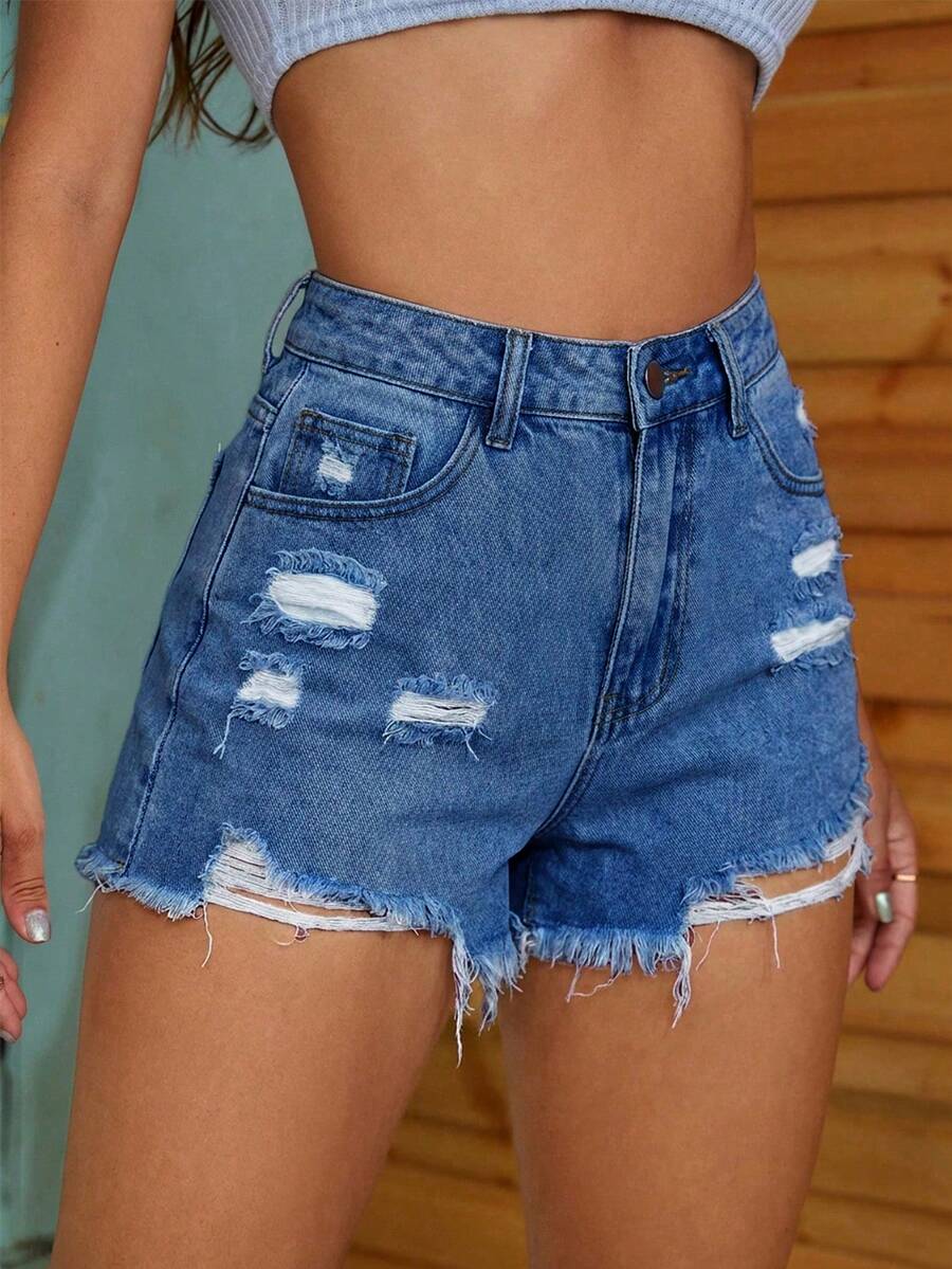 SHEIN EZwear 夏季休闲水洗做旧牛仔短裤 - 中等水洗藍 - 查看 1