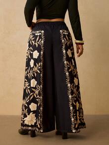 Levarali Plus Size Tropical Vacation Style Boho Wide Leg Casual Long Pants Vacation Black Autumn - Black - View 2