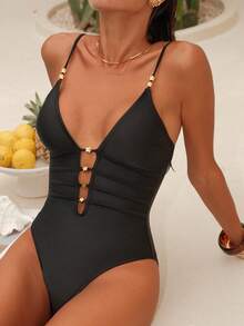 Swim Chiccia Elegant Sexy Solid Color Spaghetti Strap One Piece Swimsuit For Women - Black - View 4